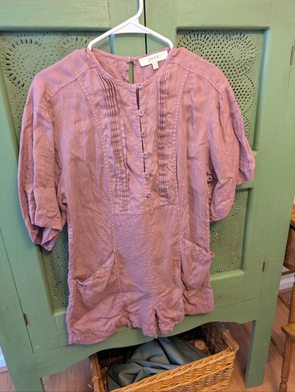 Joie Dusty Mauve Pintuck Button-Front Linen Romper
